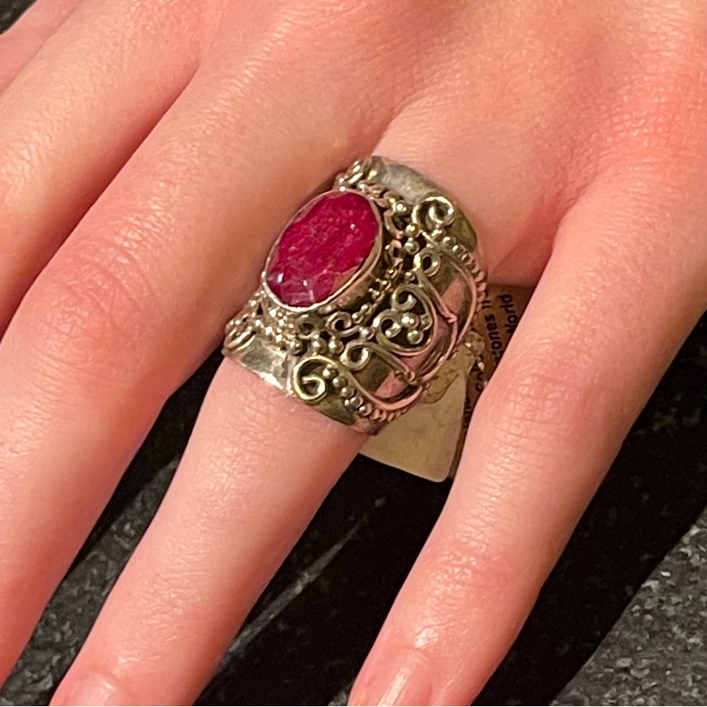 NWT Solid 925 Kashmir Genuine Ruby wide statement band ring Christmas Valentines - Picture 3 of 9